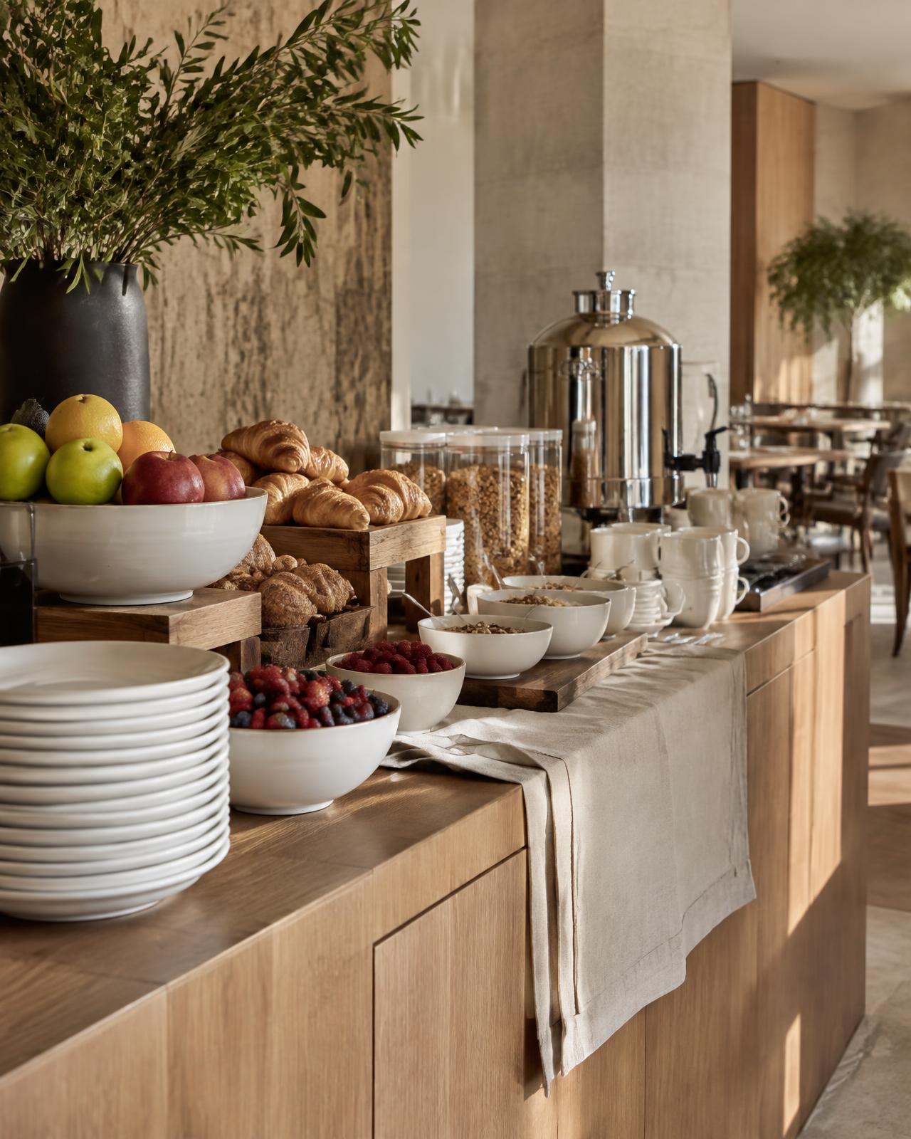 Estação de café da manhã de hotel com louça e frutas