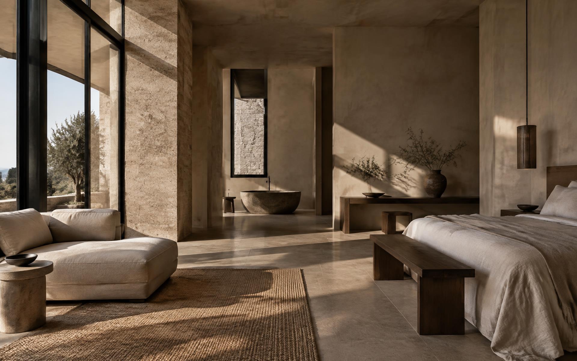 Interior de hotel contemporâneo com luz natural e materiais nobres