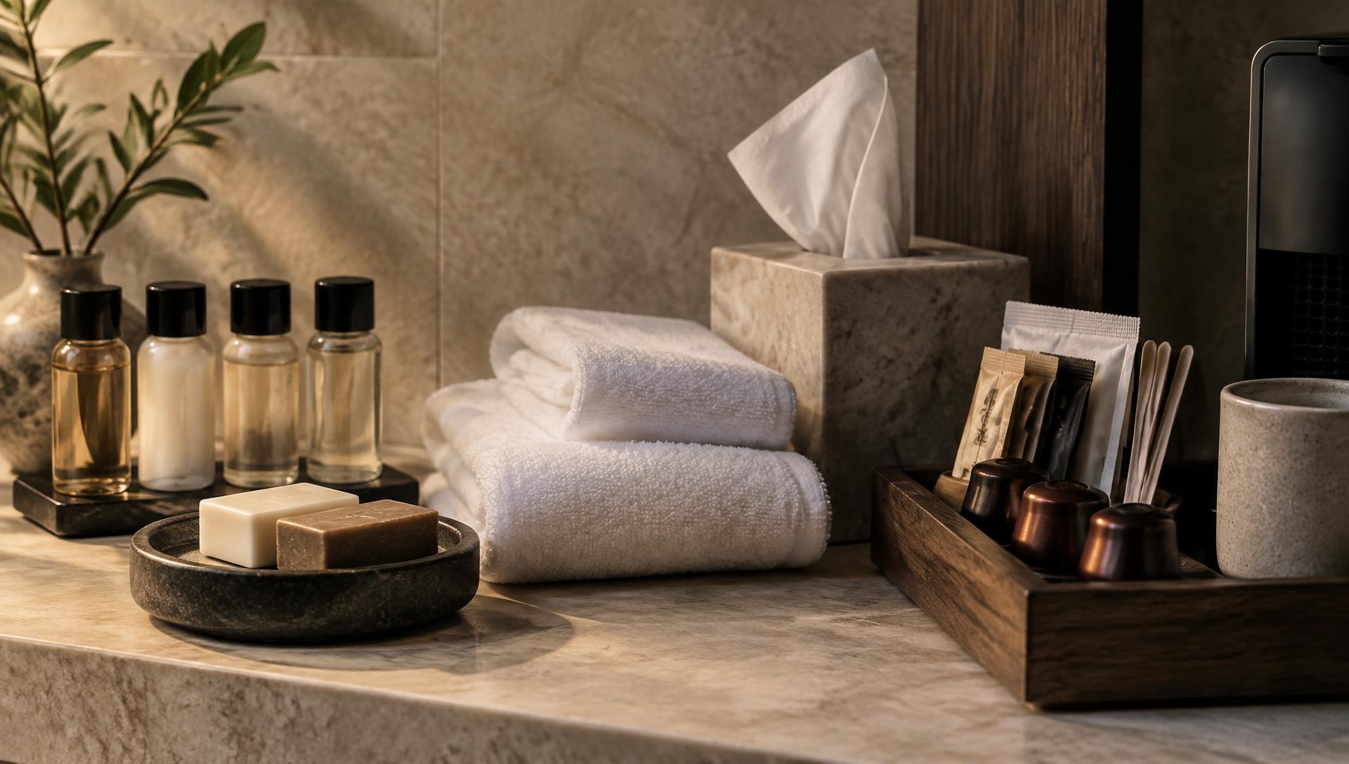 Amenities, enxoval e consumíveis de hotel organizados em bancada de pedra